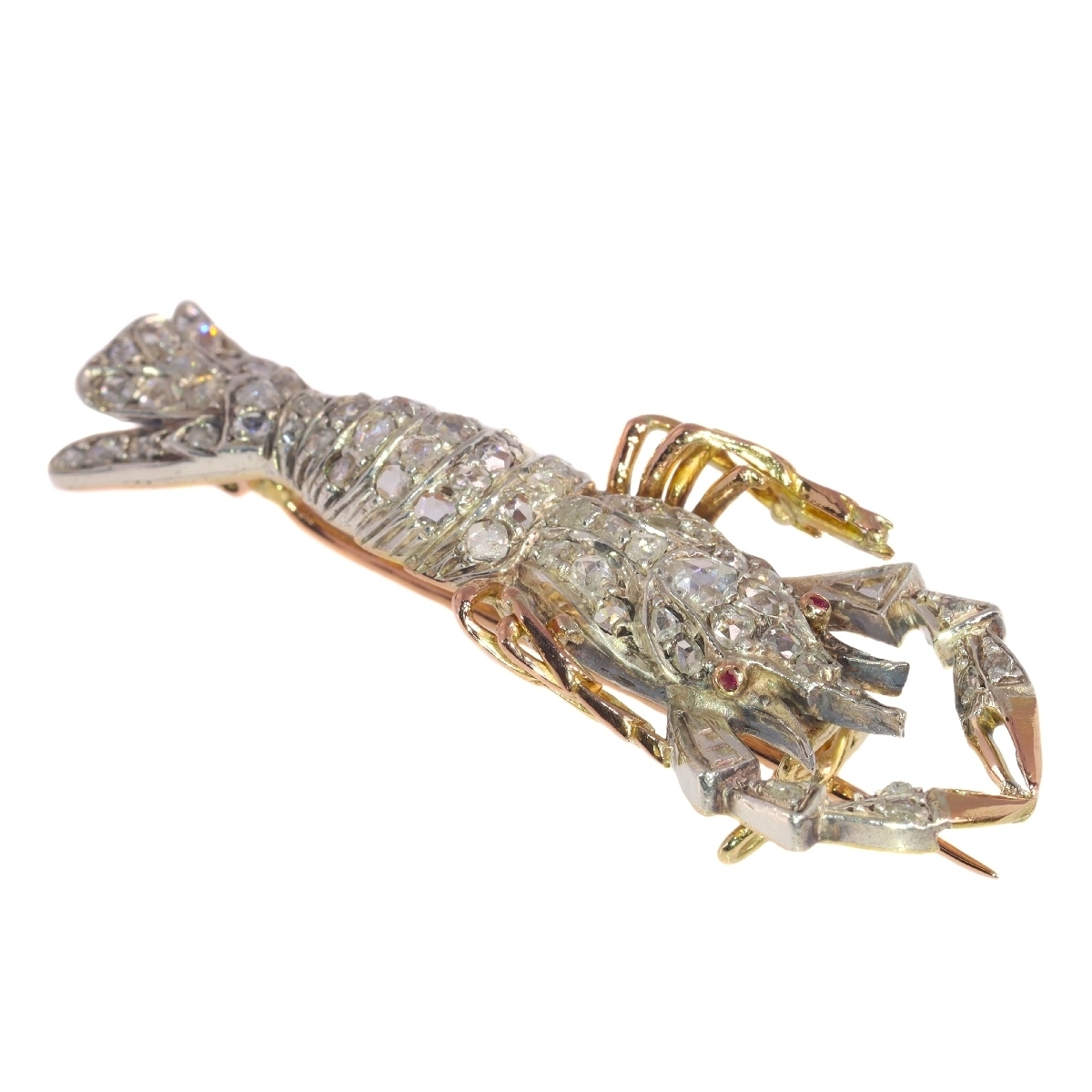 Antique gold and silver crayfish brooch fully embelished with rose cut diamonds